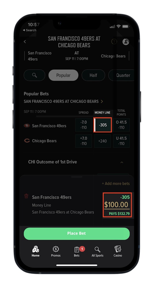 Caesars Sportsbook NFL Moneyline Bet