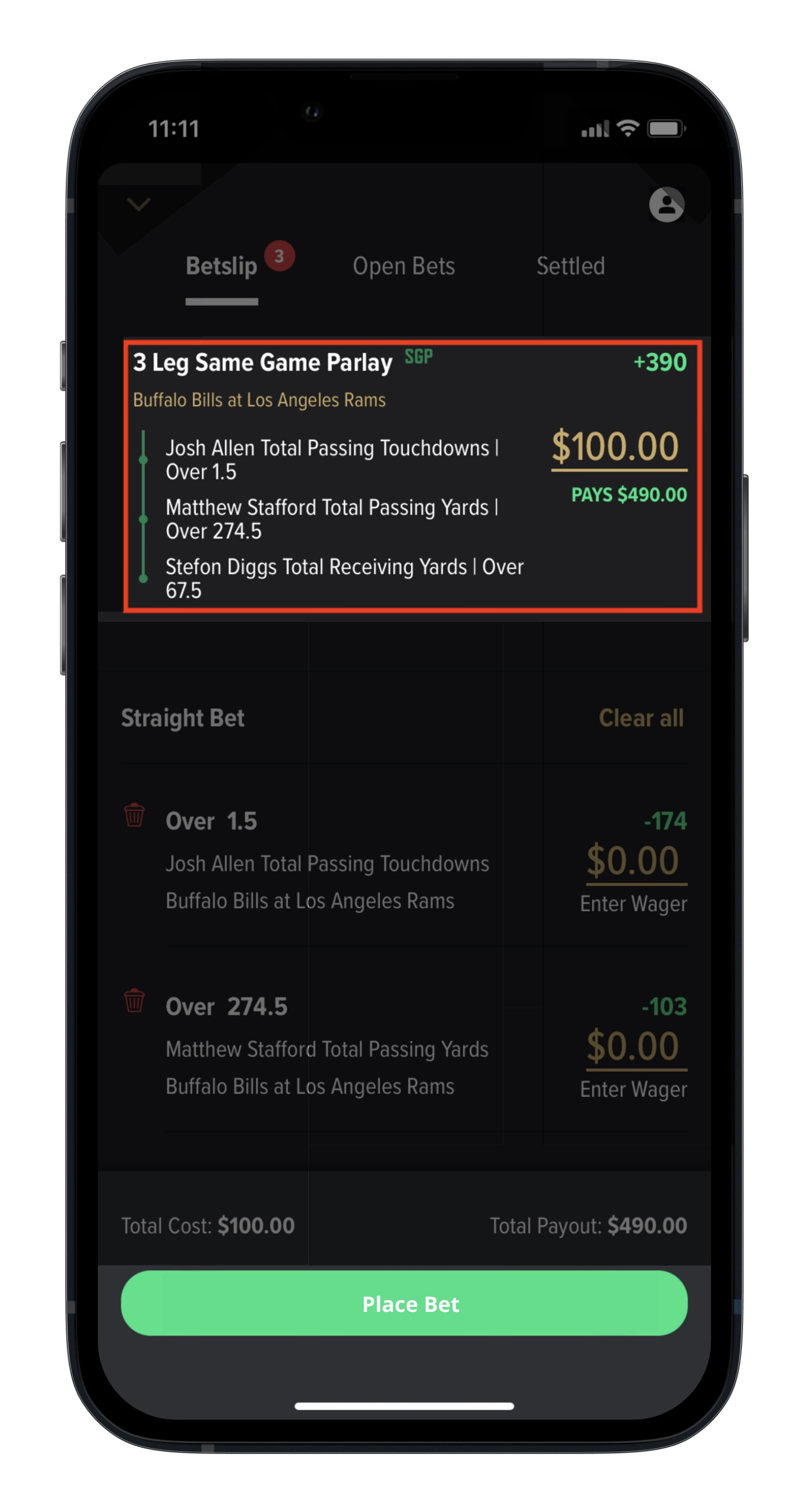 Caesars NFL SGP Betslip