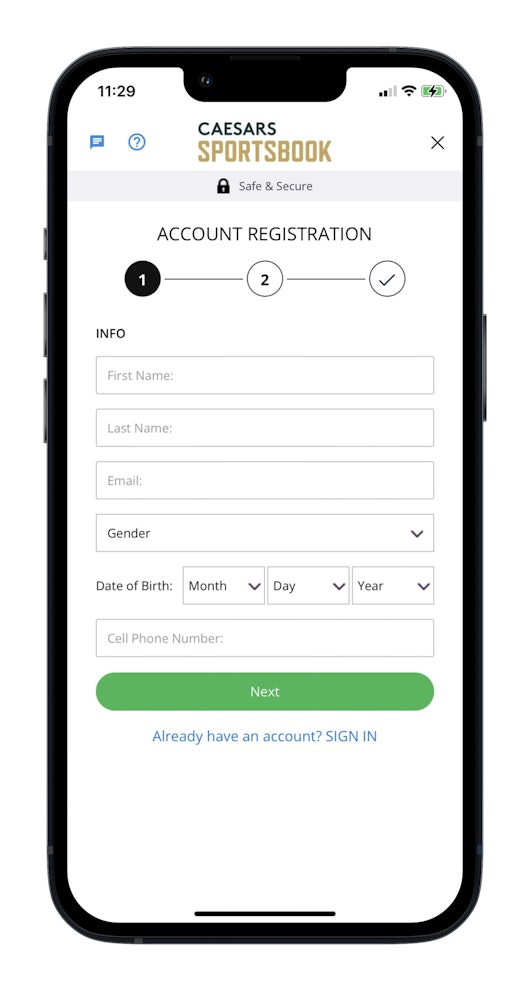 Caesars Sportsbook Account Registration Step 1
