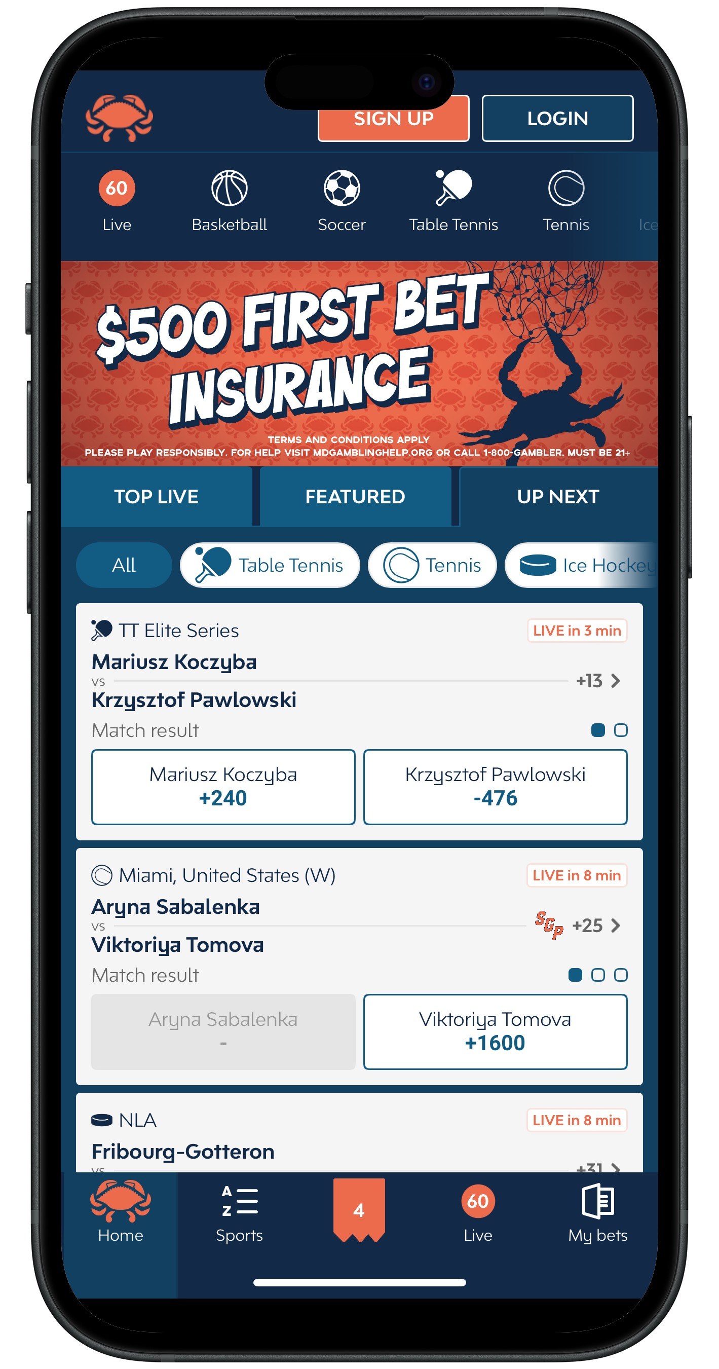 Crab Sports App Home
