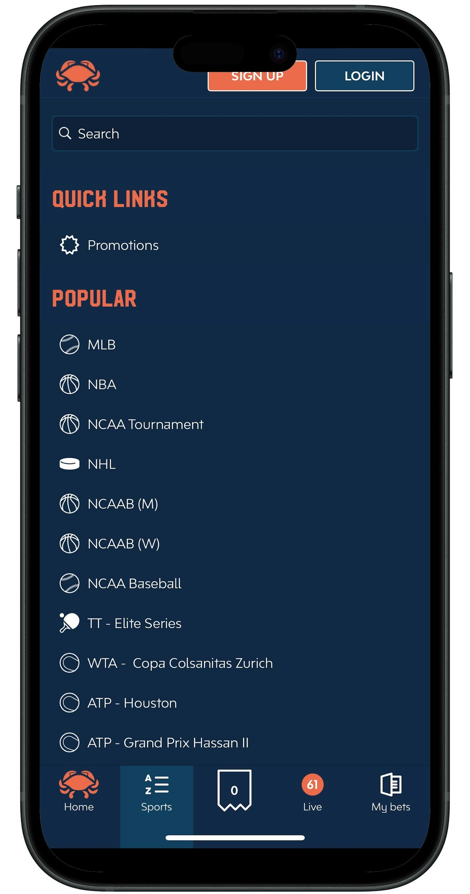 Crab Sports Nav Menu
