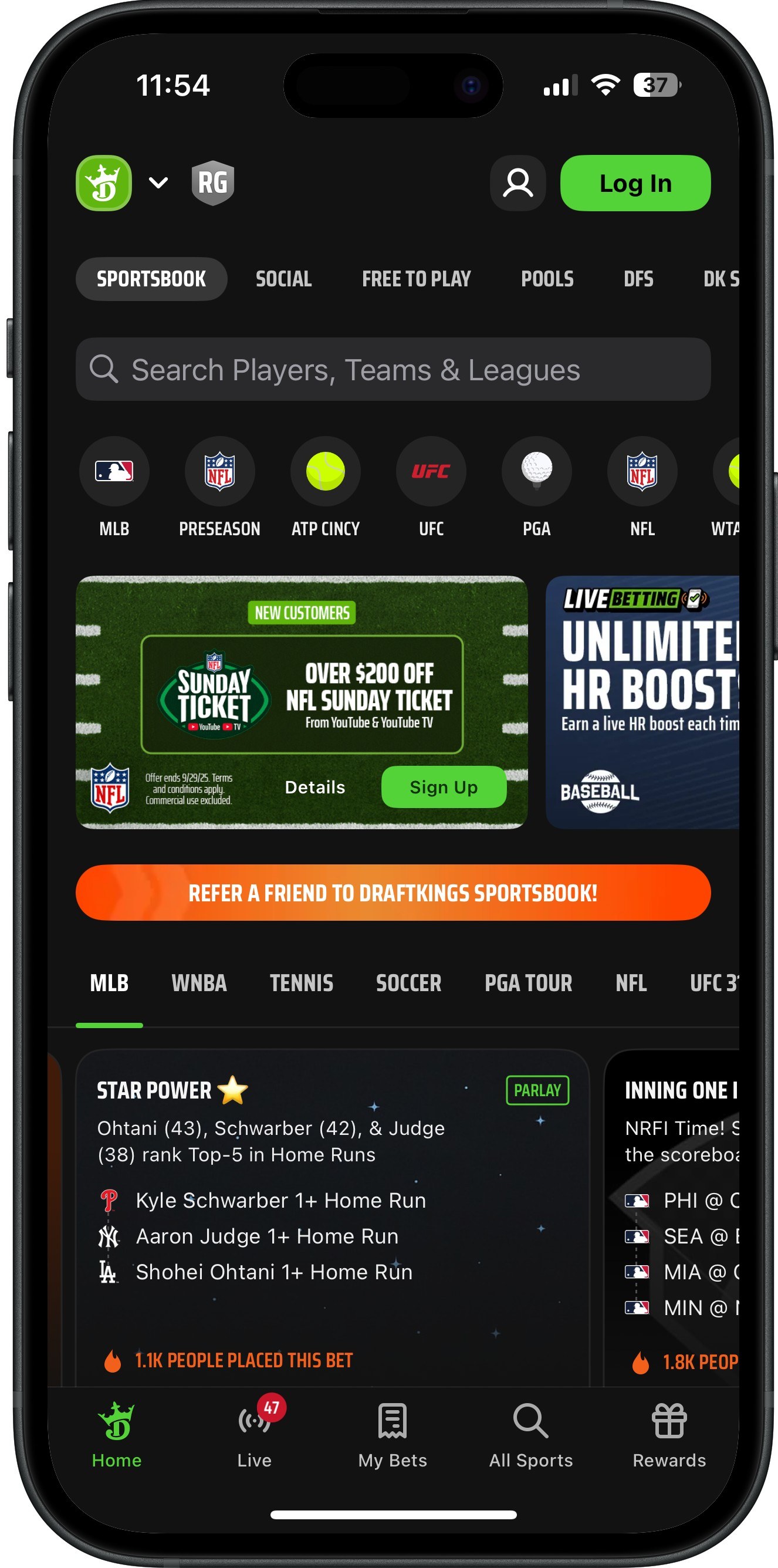 DraftKings Sportsbook App Home 2025