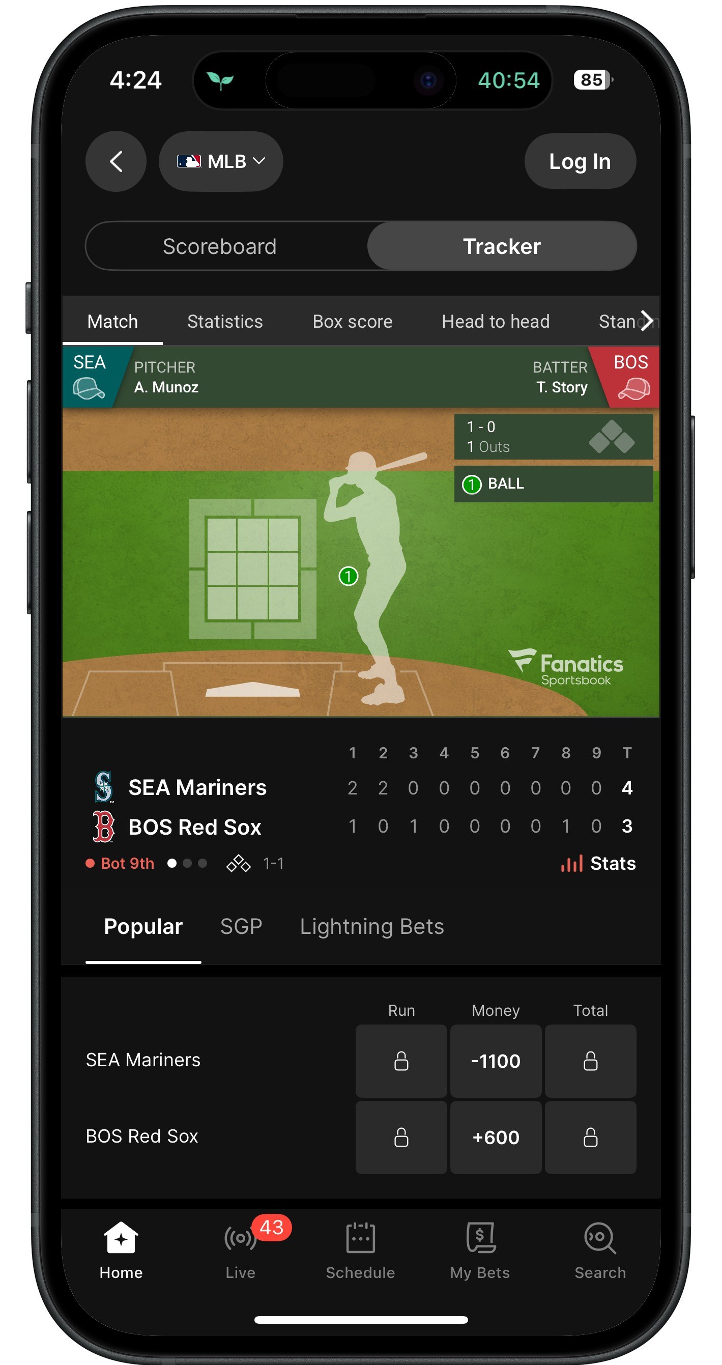 Fanatics Live Baseball tracker