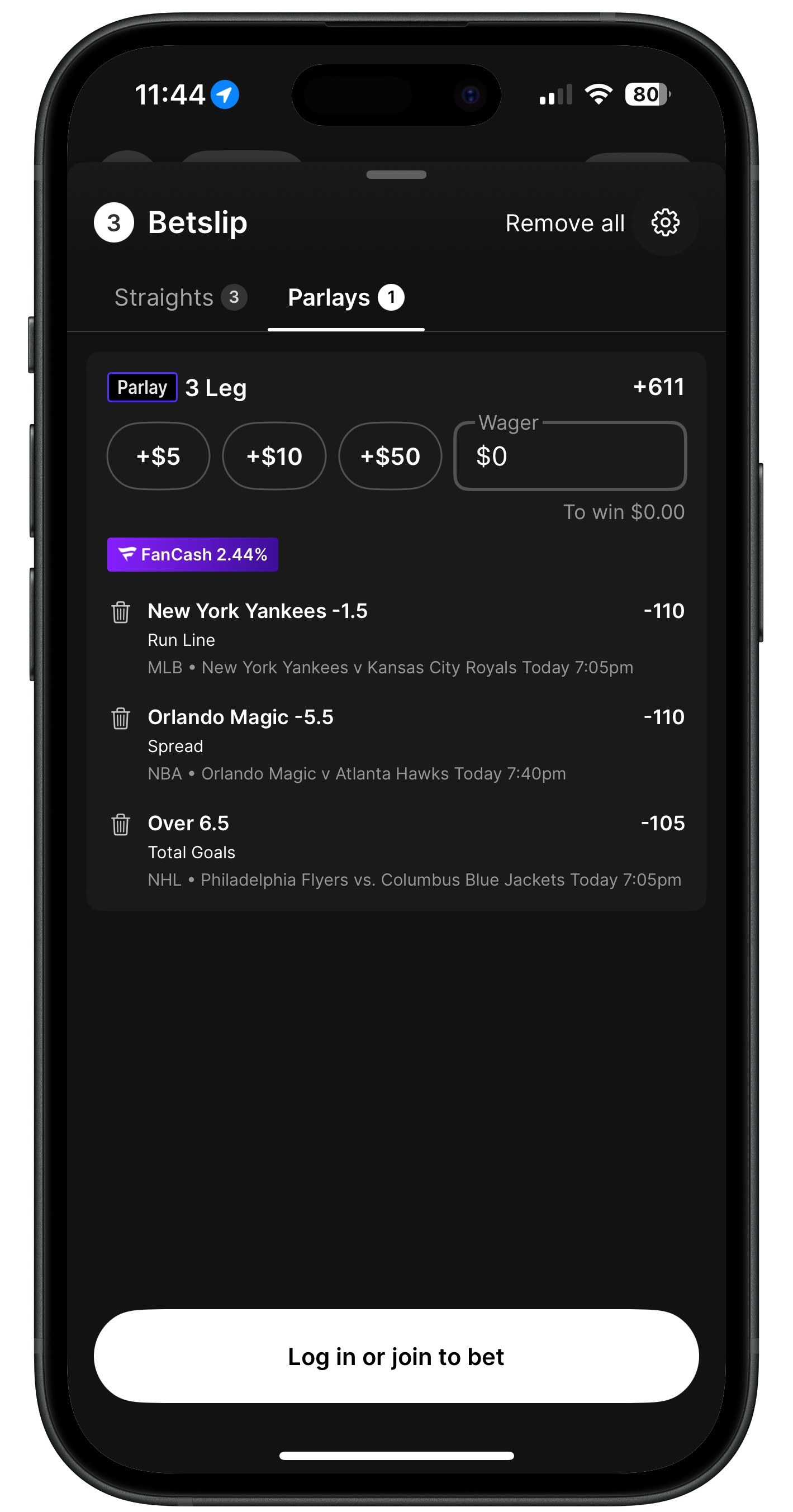 Fanatics Sportsbook Parlay odds