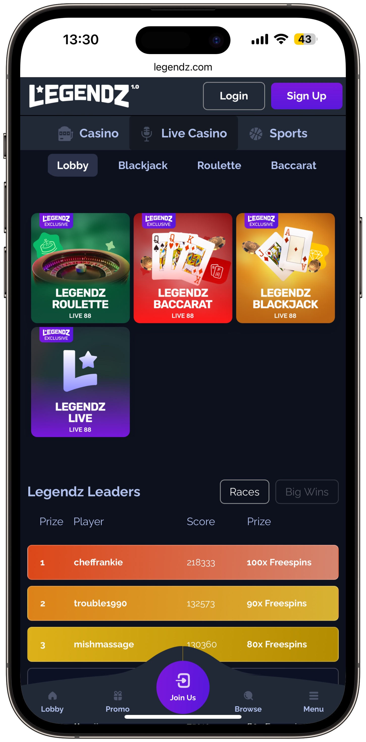 Legendz Live Casino Lobby