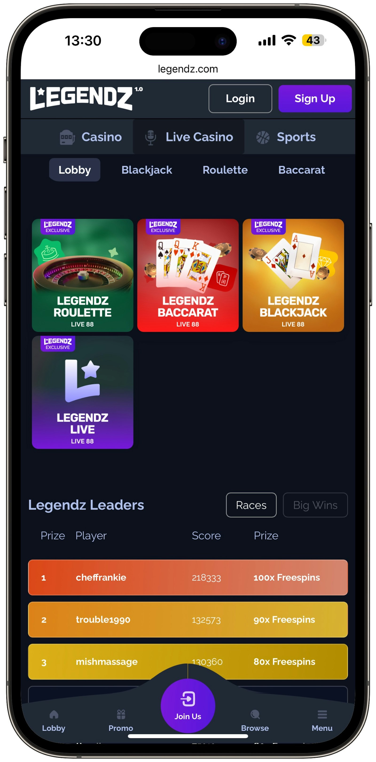 Legendz Live Casino Lobby