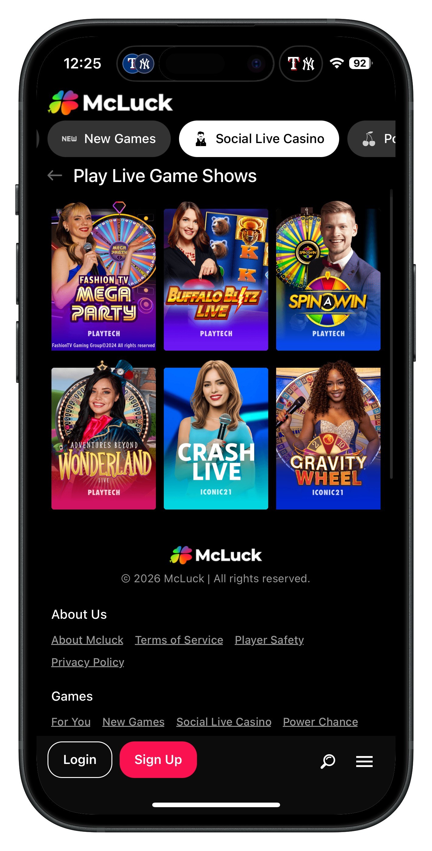 Mcluck App Live Casino Menu