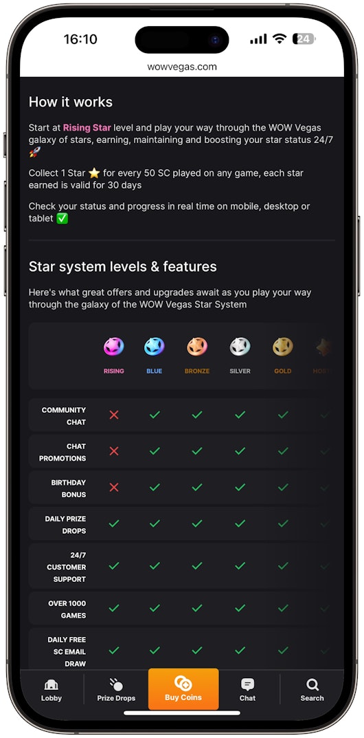 WOW Vegas Star System