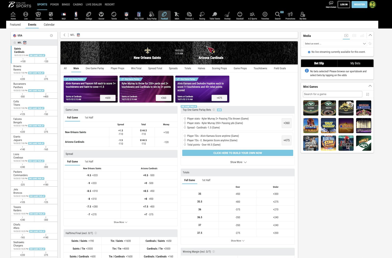 Borgata Online NFL Betting Screenshot