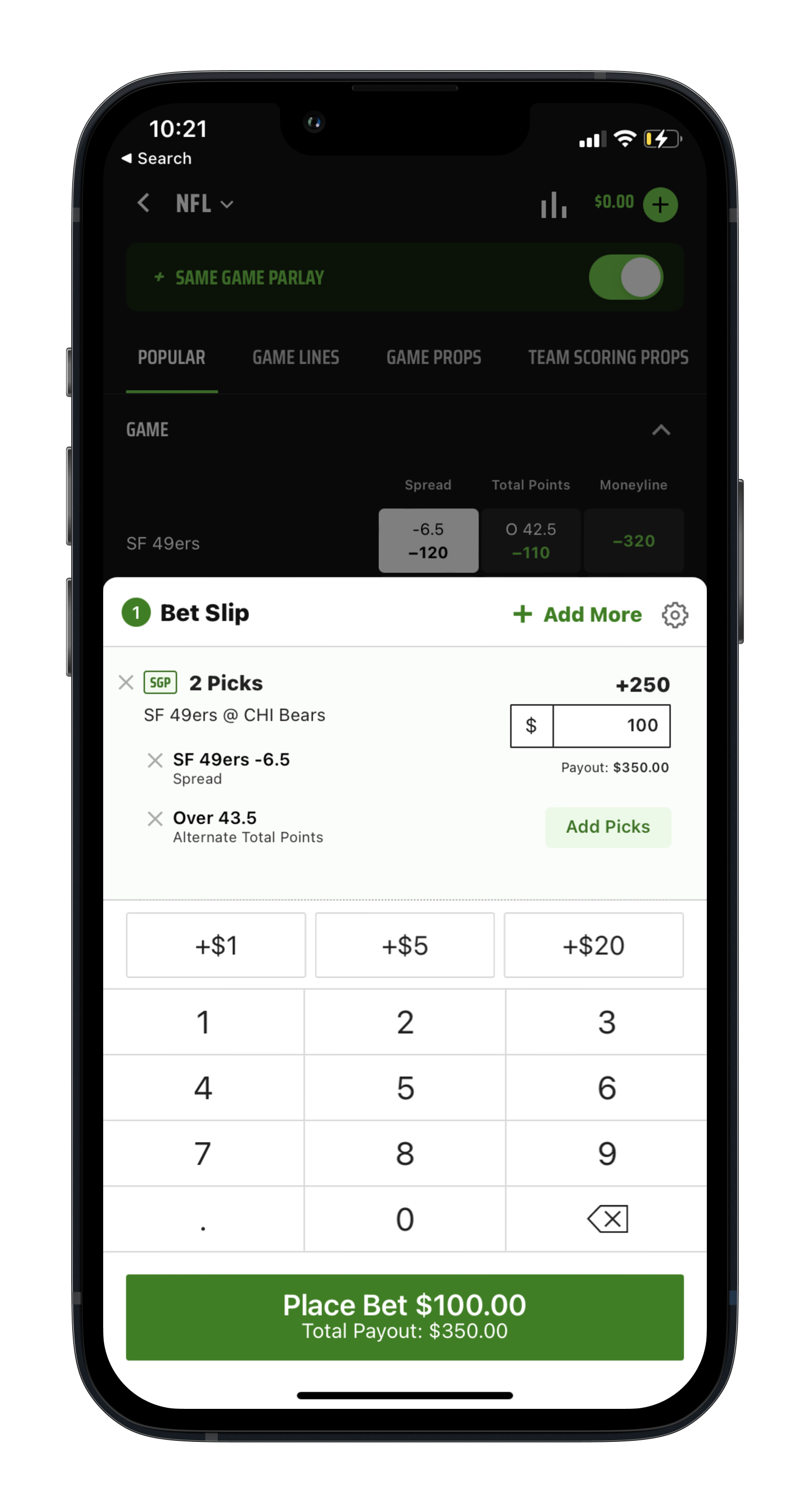 Draftkings NFL Same Game Parlay Bet Slip